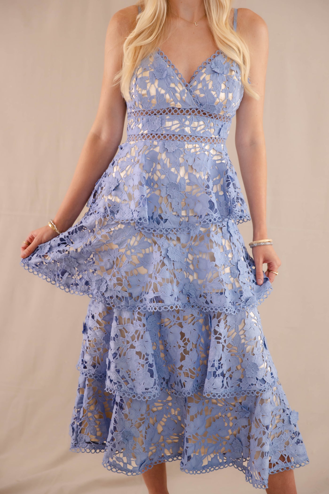 Women's Blue Floral Midi Dress- Floral Tiered Cocktail Dress- JustMe Midi Dresses