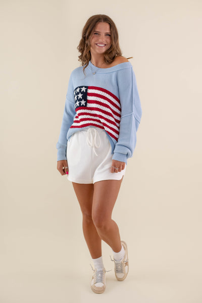 Women's American Flag Sweater- Baby Blue Flag Sweater- Americana Lightweight Sweater