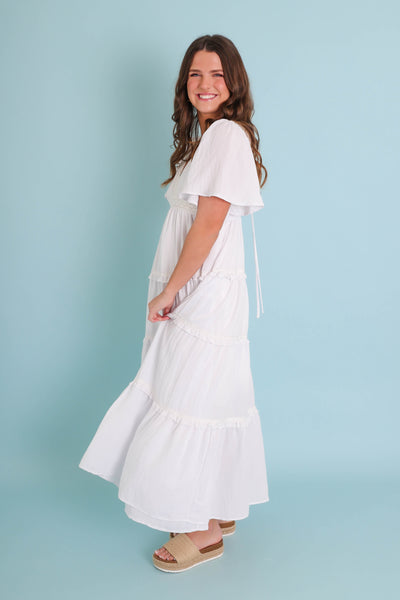 Gorgeous White Maxi Dress- Boho Style White Dress- Flutter Sleeve White Dress