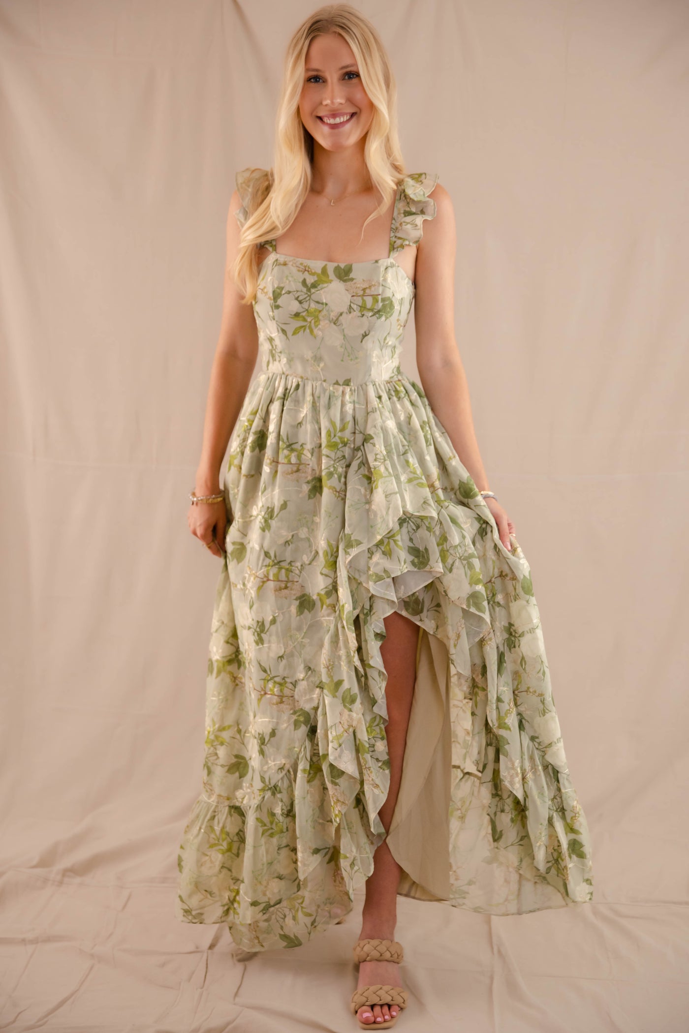 Green Rose Print Dress- High-Low Maxi Dress- Storia Floral Print Dress