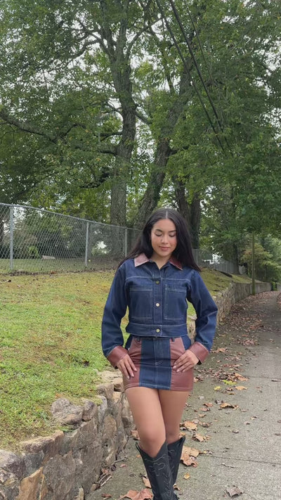 Women's Cropped Denim and Leather Jacket- Women's Matching Denim Set- Concert Outfits