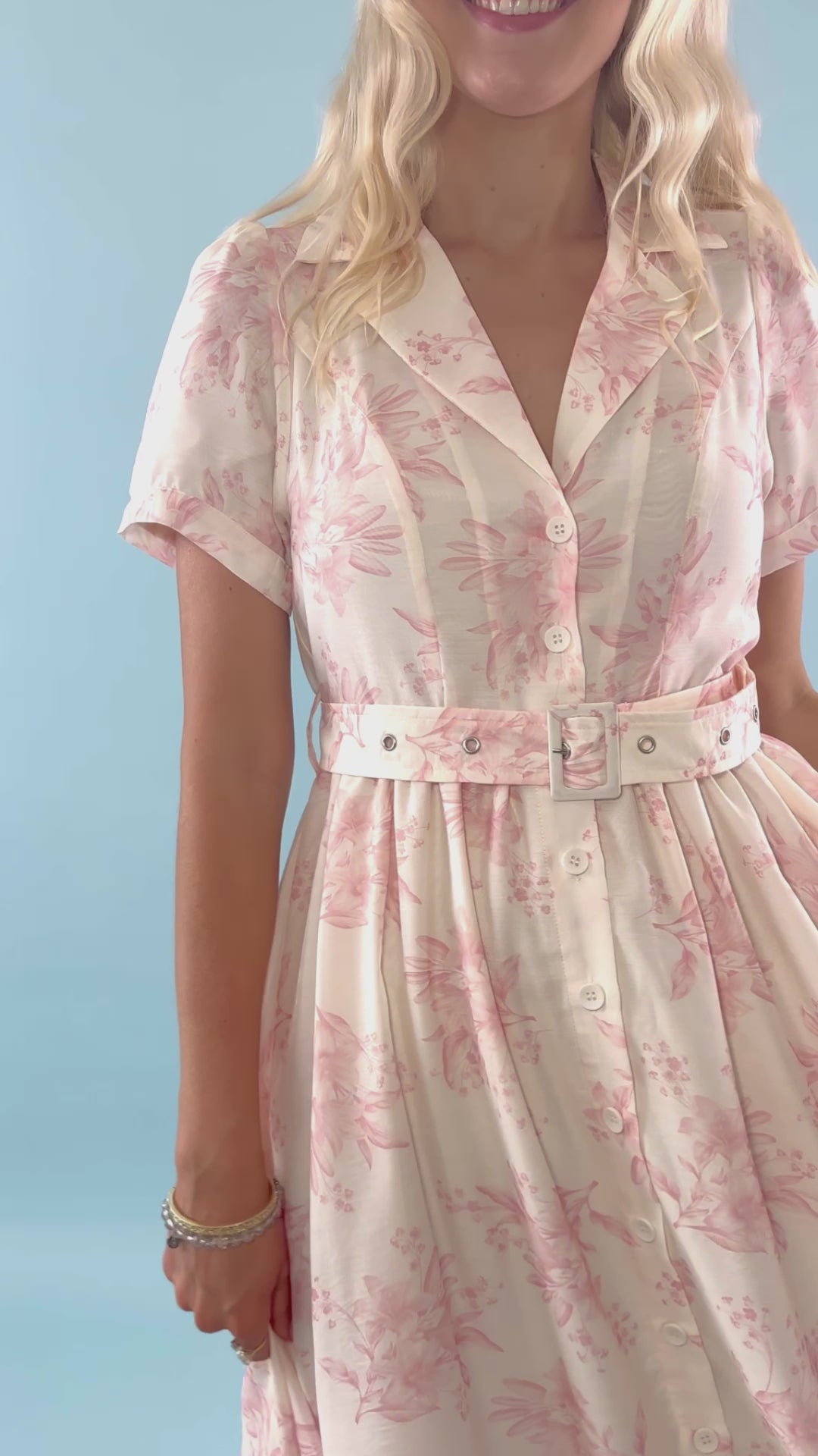 Women's Belted Shirt Dress- Vintage Inspired Dresses- Blush Print Midi