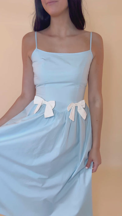 Women's Blue Bow Midi Dress- Drop Waist Midi- In The Beginning Dresses