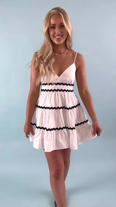 White Mini Cotton Dress- Women's Ric-Rac Short Dress- Black And White Mini Dress