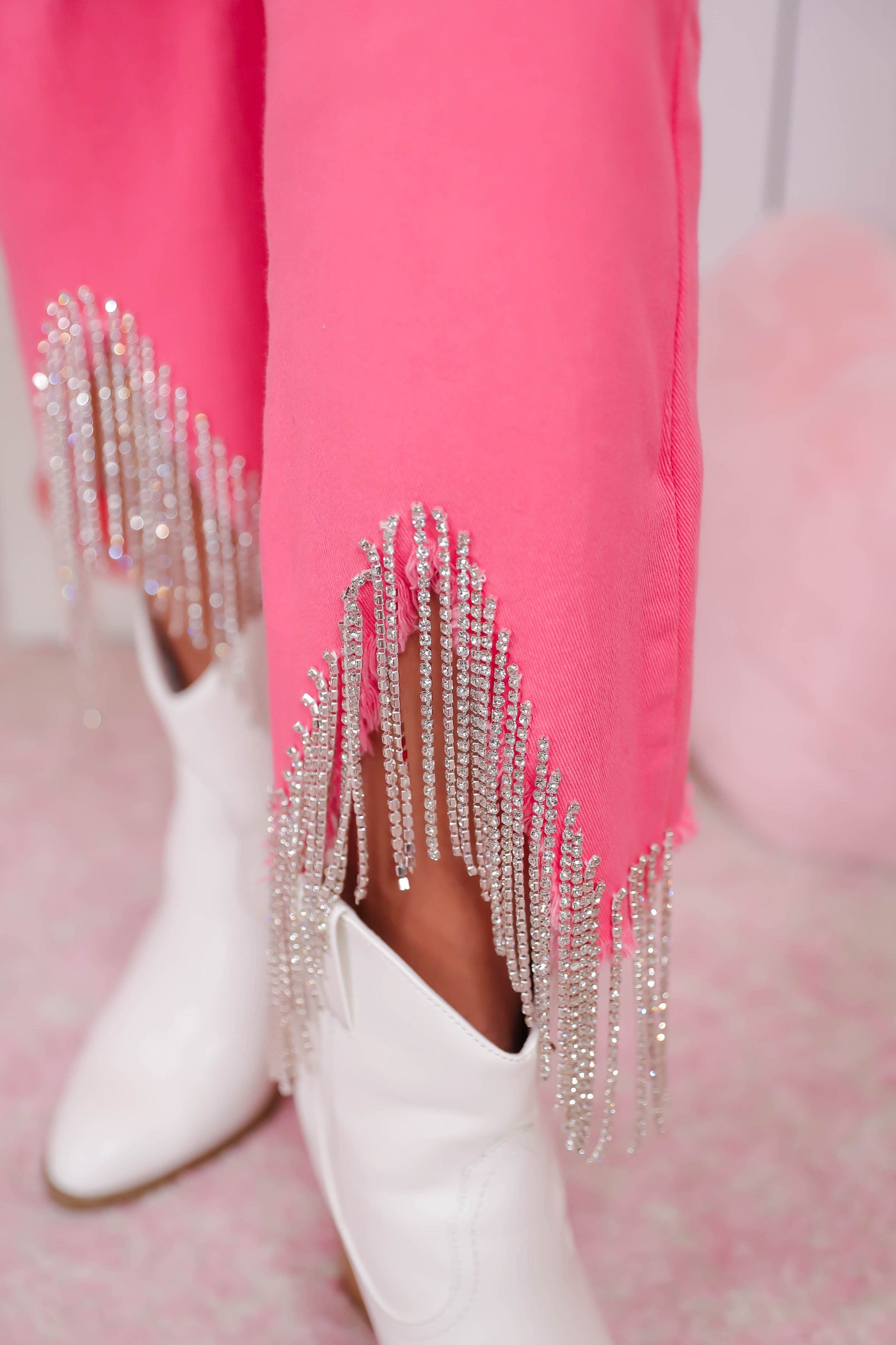 Pink Rhinestone Fringe Jeans- Outfits For Nashville- Blue B Rhinestone High Rise Cropped Flare Jean