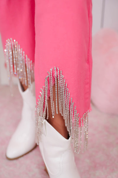 Pink Rhinestone Fringe Jeans- Outfits For Nashville- Blue B Rhinestone High Rise Cropped Flare Jean