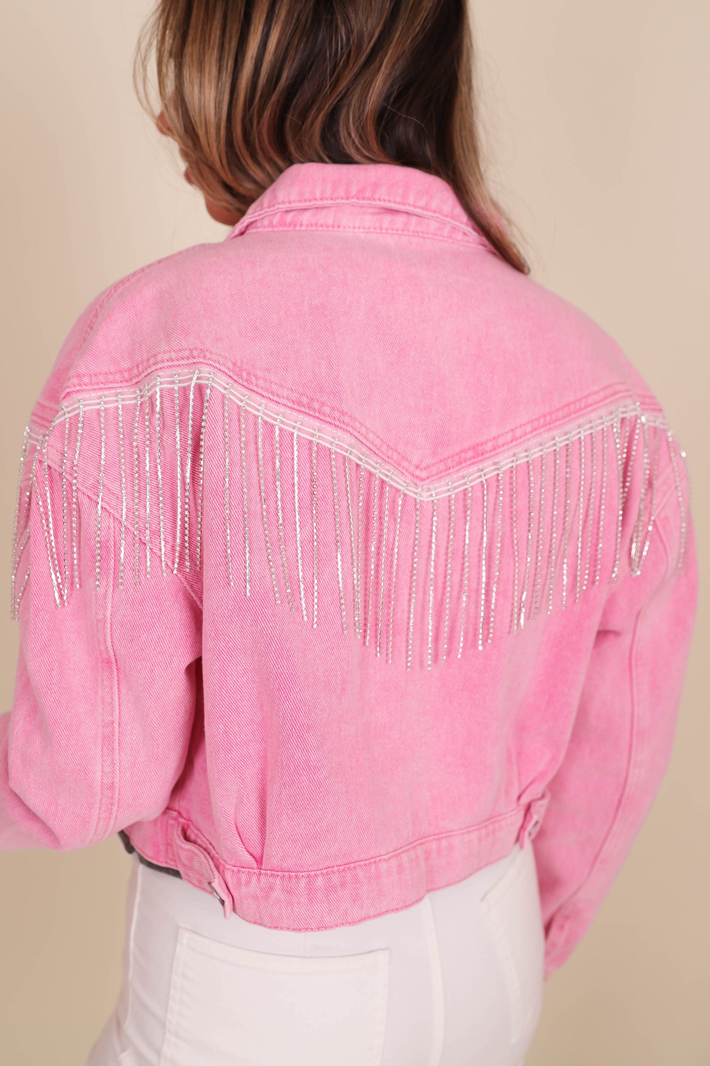 Pink Denim Rhinestone Jacket- Pink Rhinestone Fringe Jacket- Bling Pink Jacket