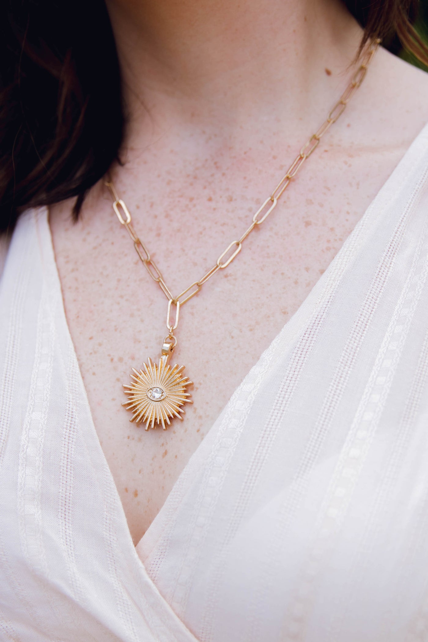 Canvas Chain Necklace- Sunburst Pendent Necklace- Evil Eye Gold Necklace