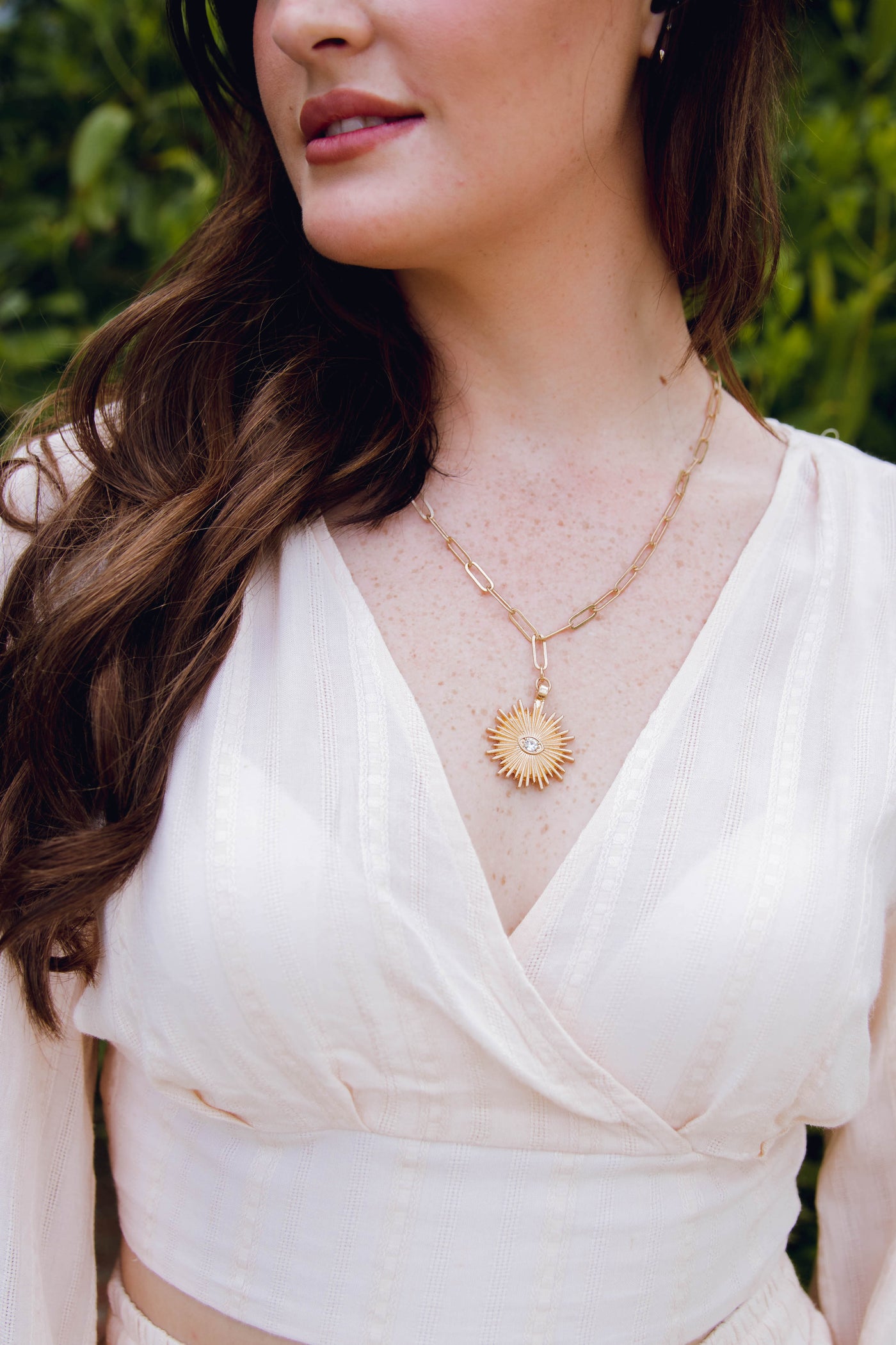 Canvas Chain Necklace- Sunburst Pendent Necklace- Evil Eye Gold Necklace