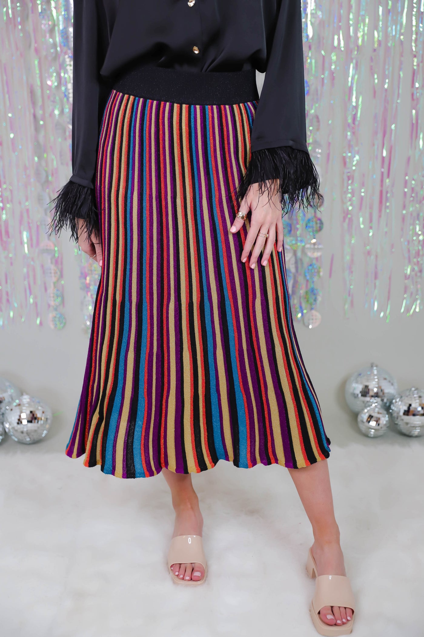 Multi Colored Striped Midi Skirt- Shimmery Striped Skirt