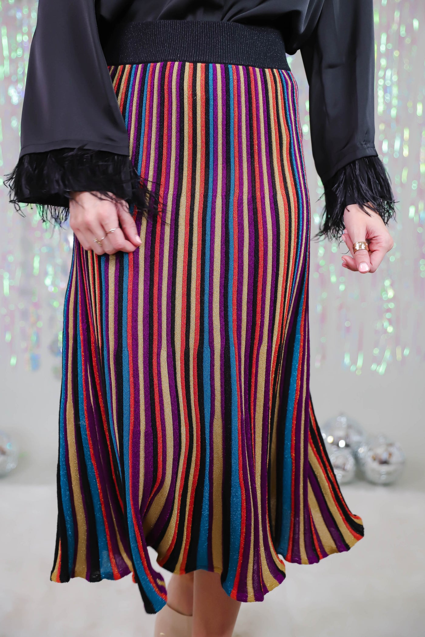 Multi Colored Striped Midi Skirt- Shimmery Striped Skirt