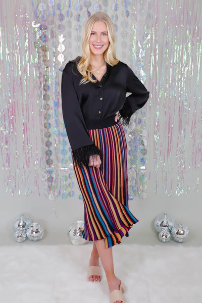 Multi Colored Striped Midi Skirt- Shimmery Striped Skirt