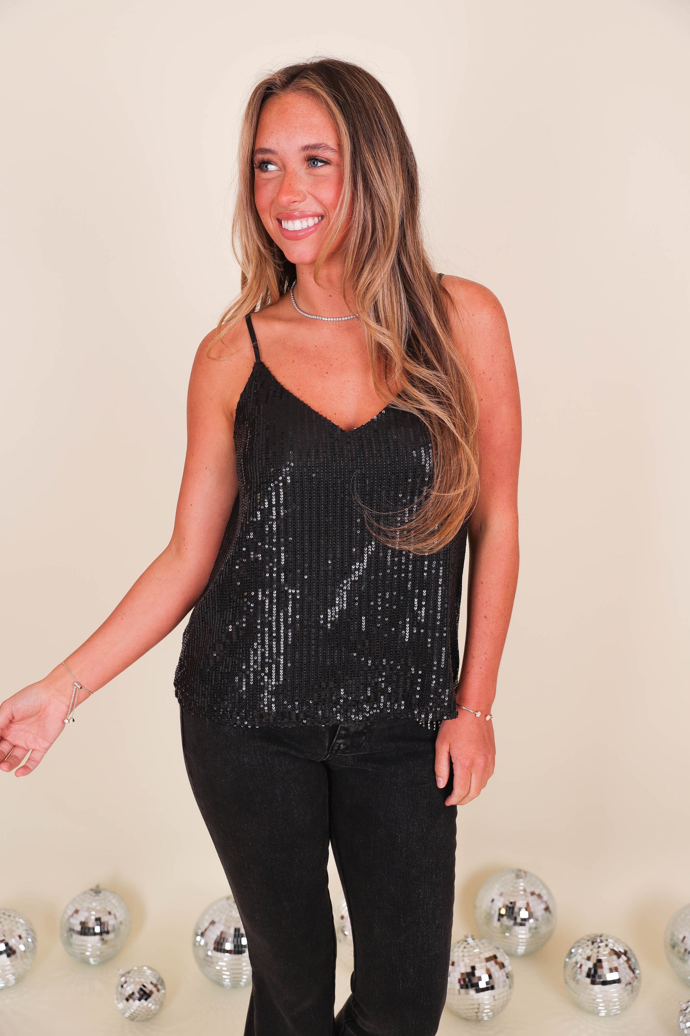 Women's Sequin Tank- Women's Going Out Tops- Black Sequin Tank