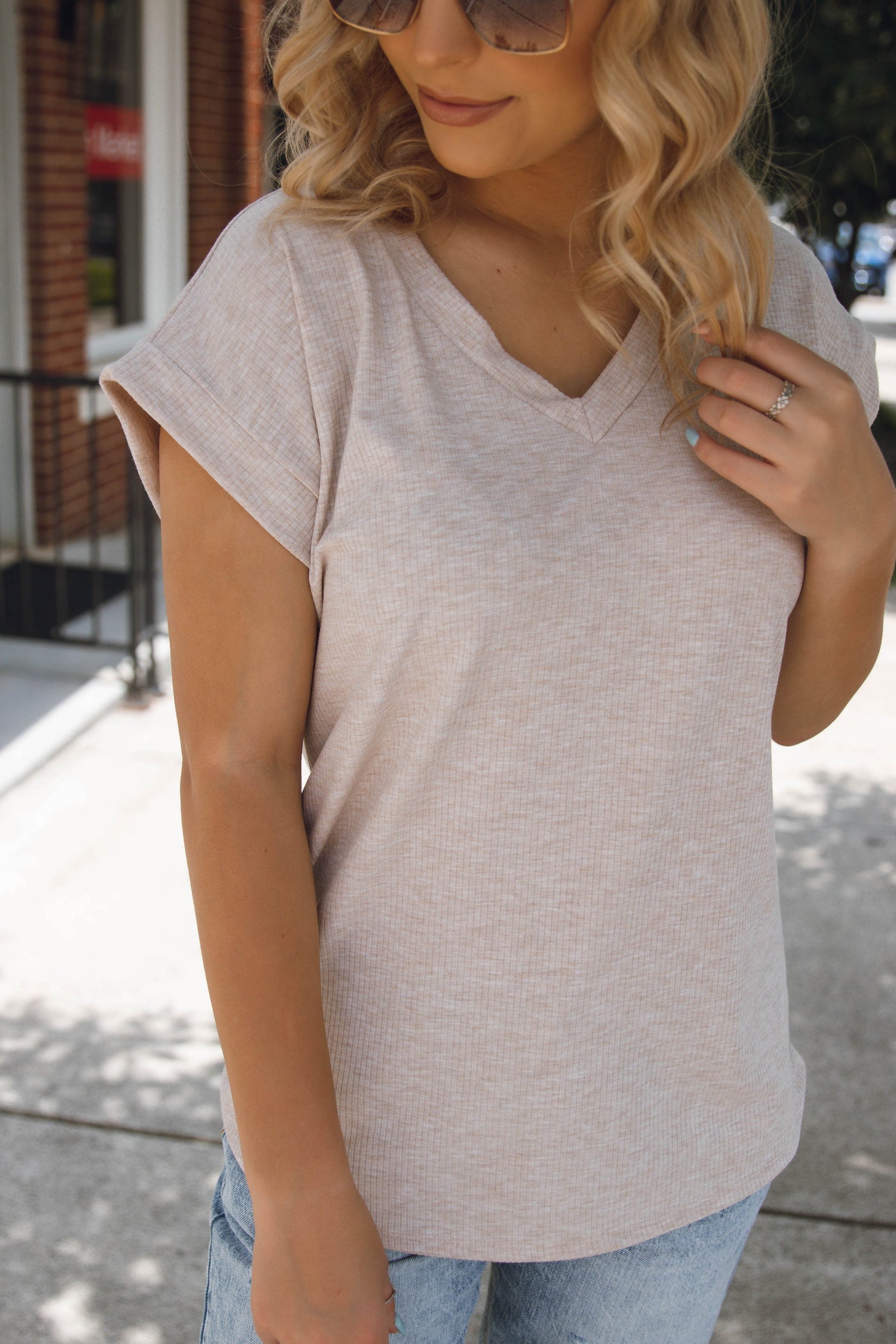 Women's Ribbed Top - Comfy Basic Tan Top - V-Neck Women's Top