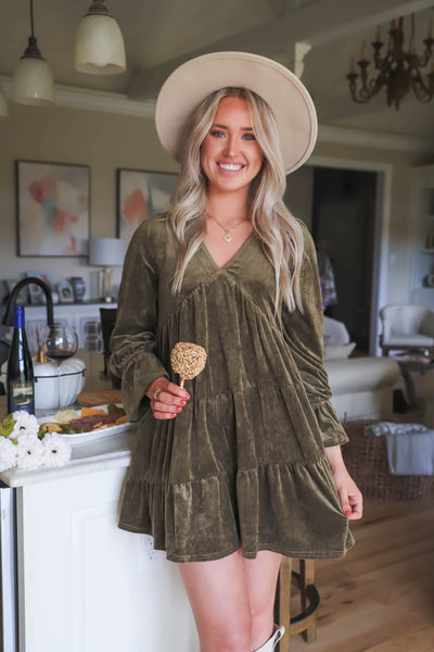 Corduroy Olive Dress- Women's Boho Style Dress- Women's Olive Green Dress