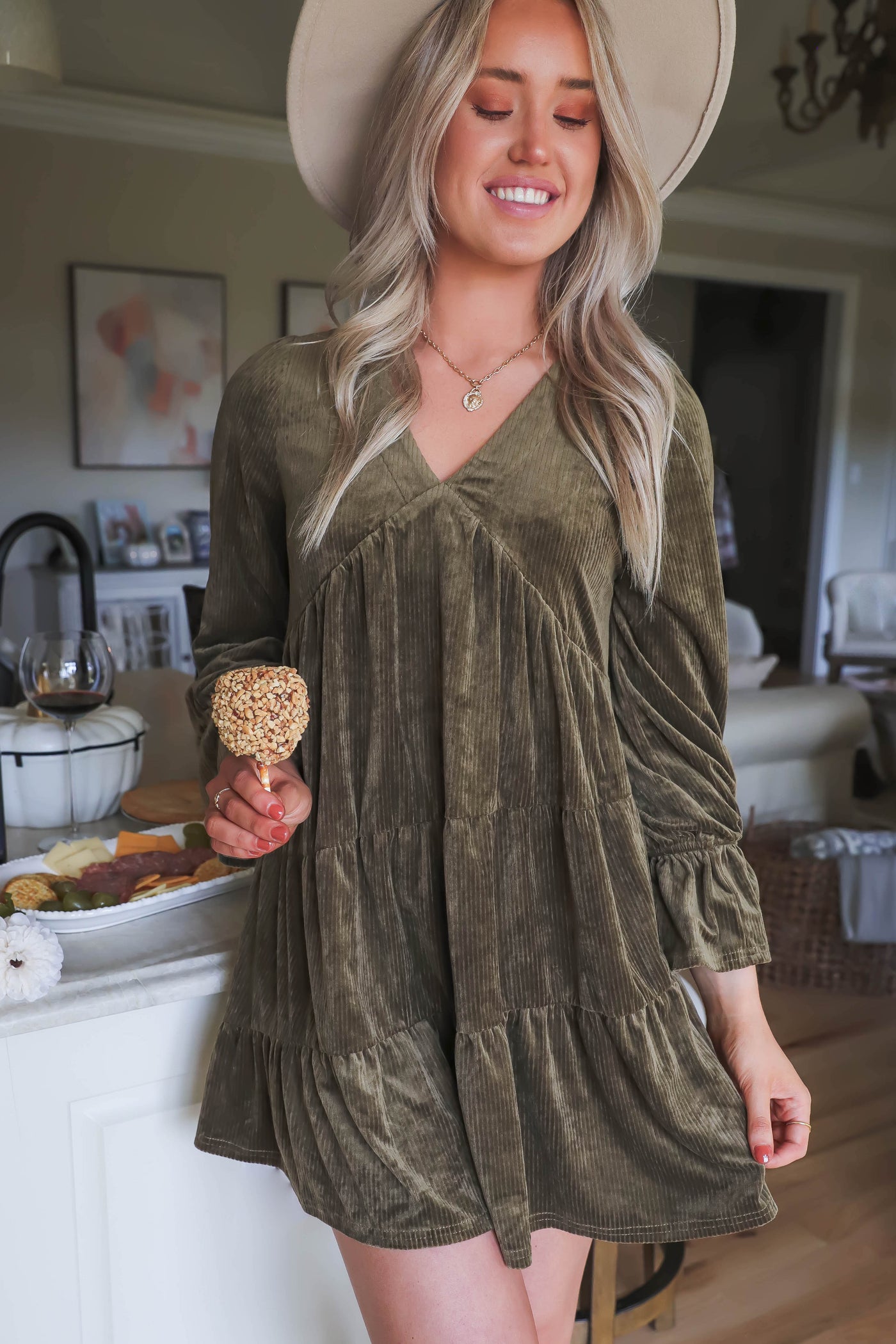 Corduroy Olive Dress- Women's Boho Style Dress- Women's Olive Green Dress