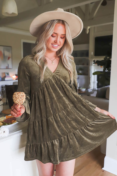 Corduroy Olive Dress- Women's Boho Style Dress- Women's Olive Green Dress