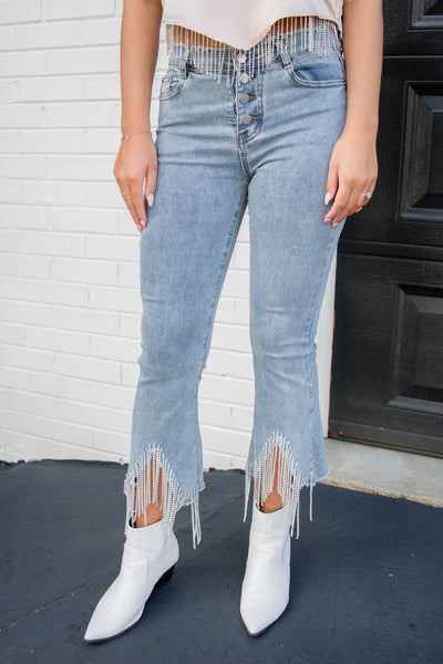 Rhinestone Fringe Jeans- Outfits For Nashville- Blue B Rhinestone High Rise Cropped Flare Jean