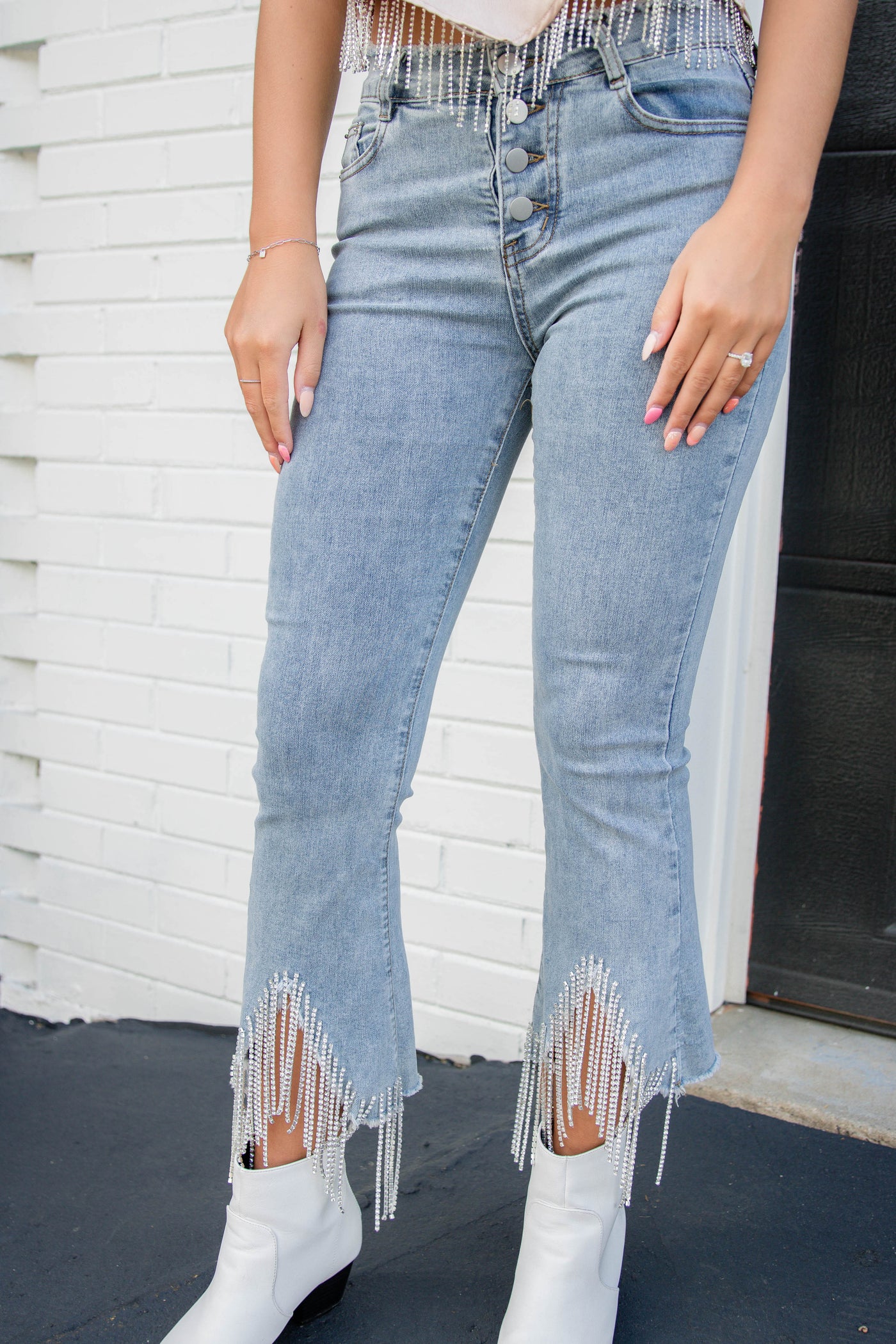 Rhinestone Fringe Jeans- Outfits For Nashville- Blue B Rhinestone High Rise Cropped Flare Jean