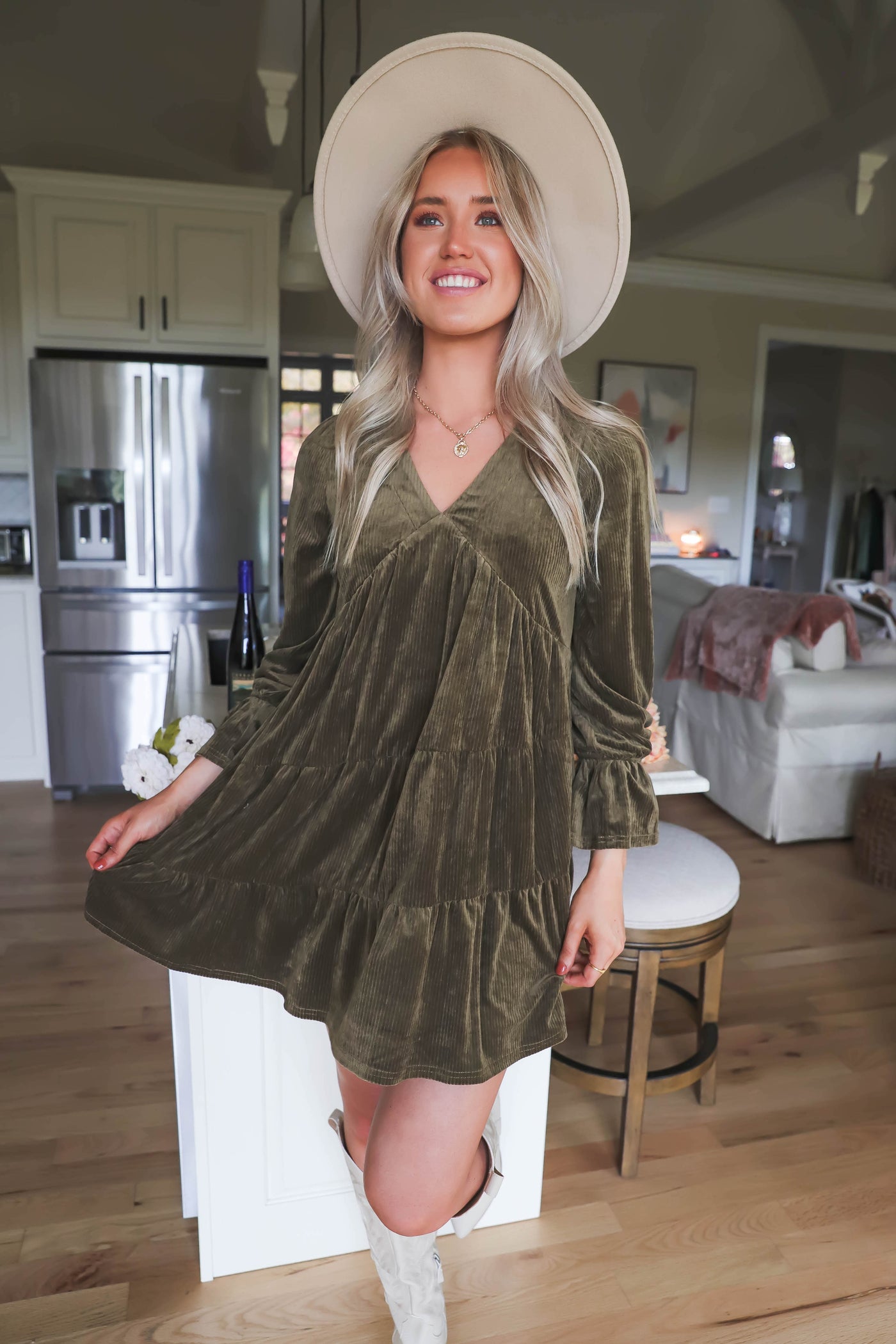 Corduroy Olive Dress- Women's Boho Style Dress- Women's Olive Green Dress