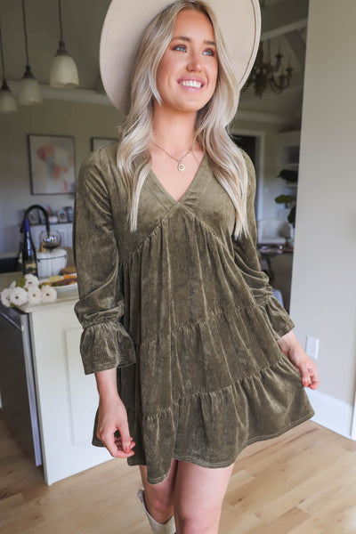 Corduroy Olive Dress- Women's Boho Style Dress- Women's Olive Green Dress