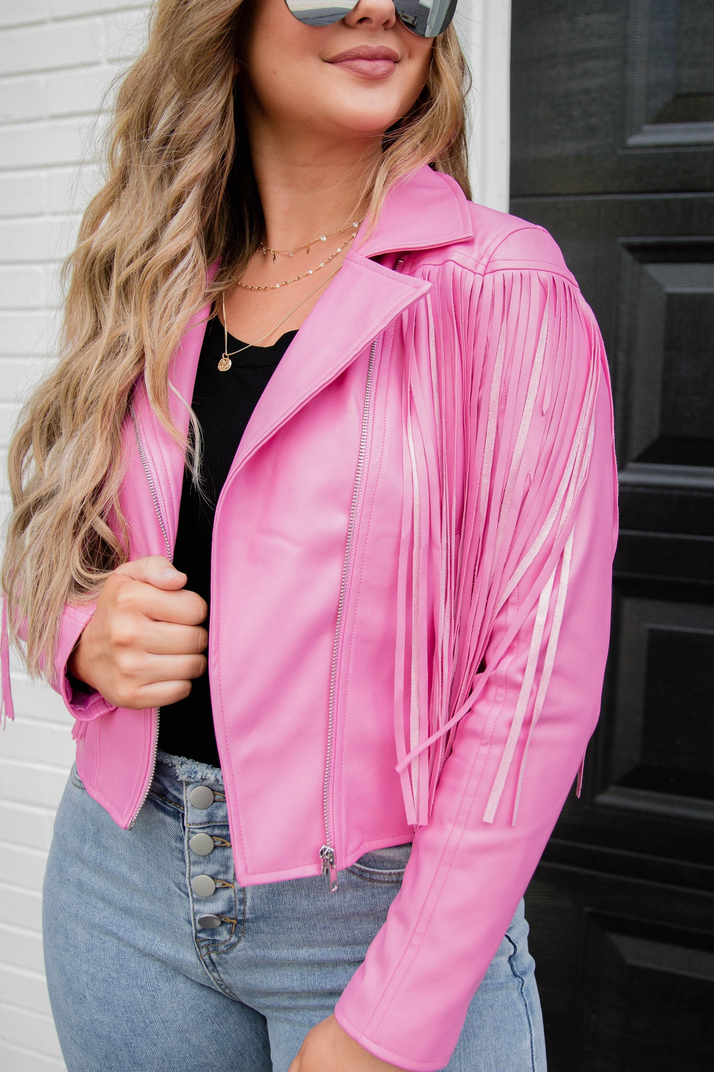 Hot Pink Moto Jacket- Faux Leather Fringe Jacket- Pink Fringe Jacket- Blue B Fringe Jacket