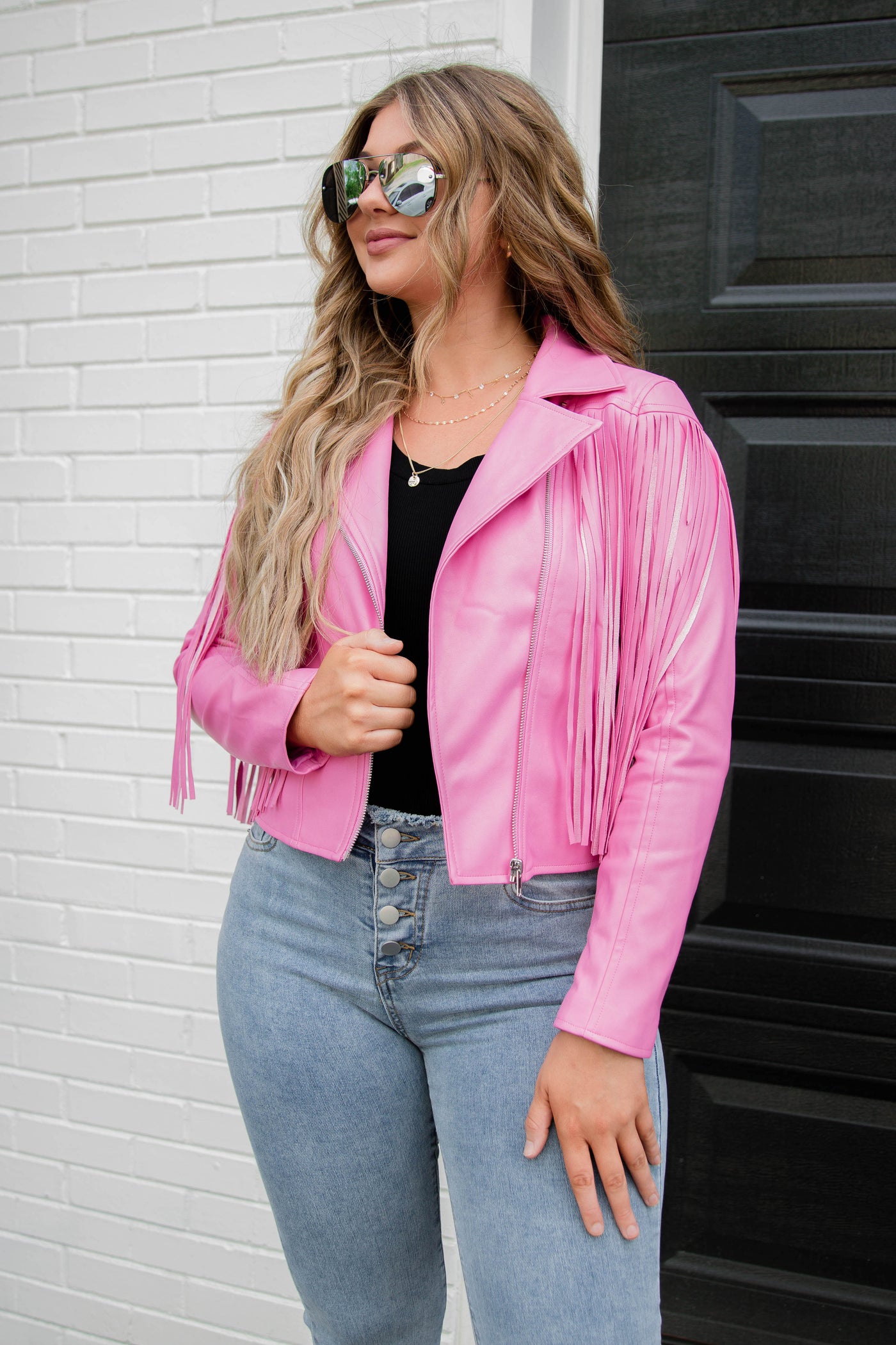 Hot Pink Moto Jacket- Faux Leather Fringe Jacket- Pink Fringe Jacket- Blue B Fringe Jacket