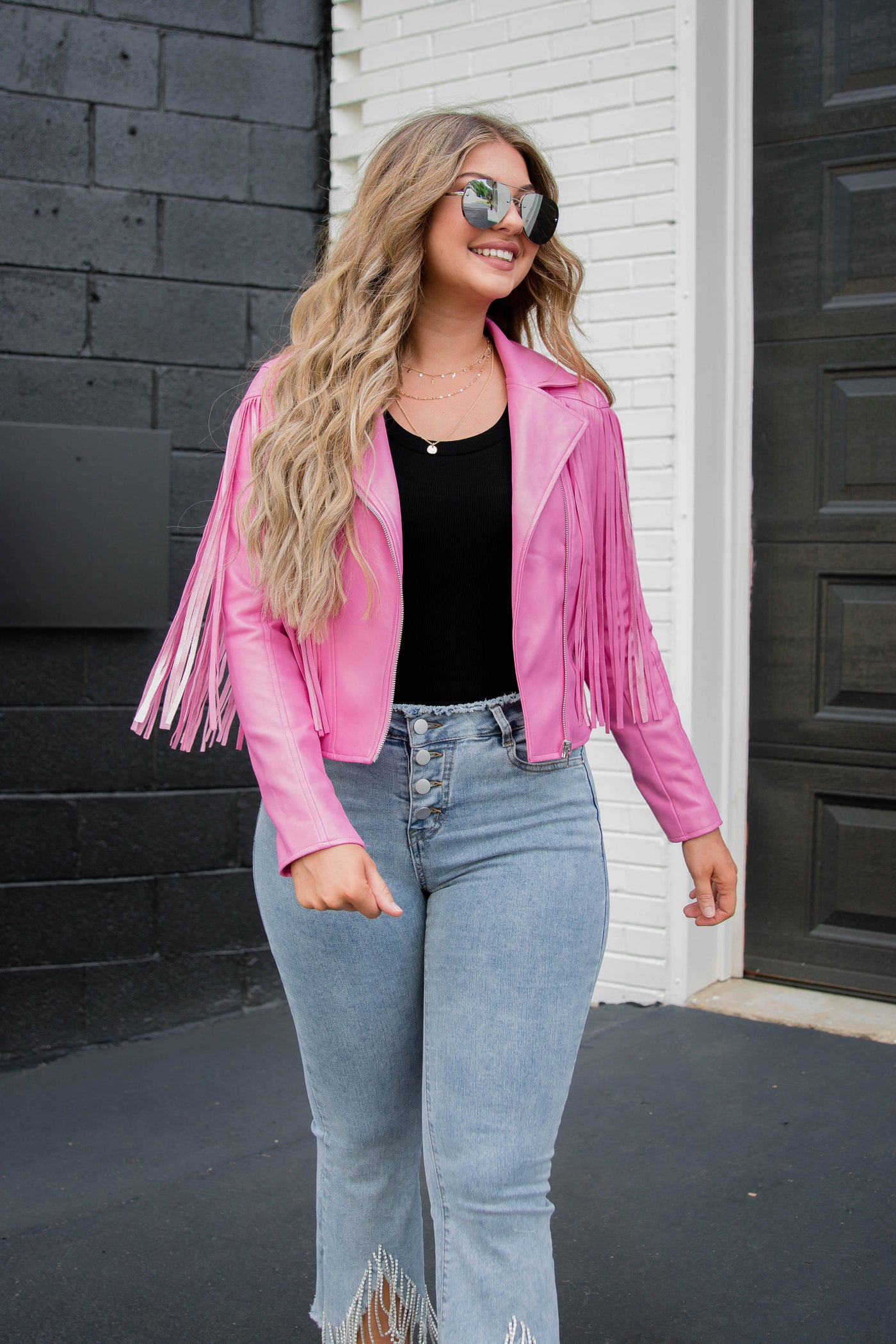 Hot Pink Moto Jacket- Faux Leather Fringe Jacket- Pink Fringe Jacket- Blue B Fringe Jacket