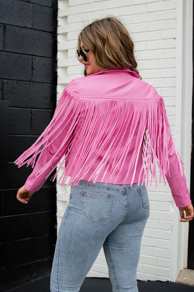 Hot Pink Moto Jacket- Faux Leather Fringe Jacket- Pink Fringe Jacket- Blue B Fringe Jacket