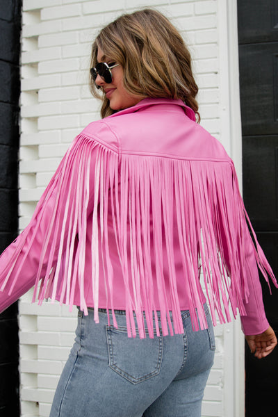 Hot Pink Moto Jacket- Faux Leather Fringe Jacket- Pink Fringe Jacket- Blue B Fringe Jacket