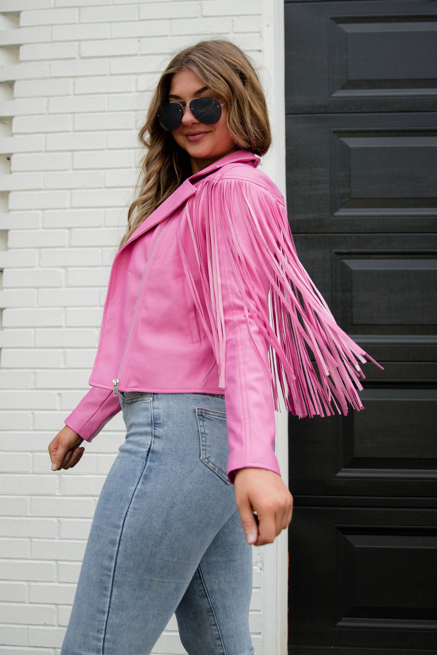 Hot Pink Moto Jacket- Faux Leather Fringe Jacket- Pink Fringe Jacket- Blue B Fringe Jacket