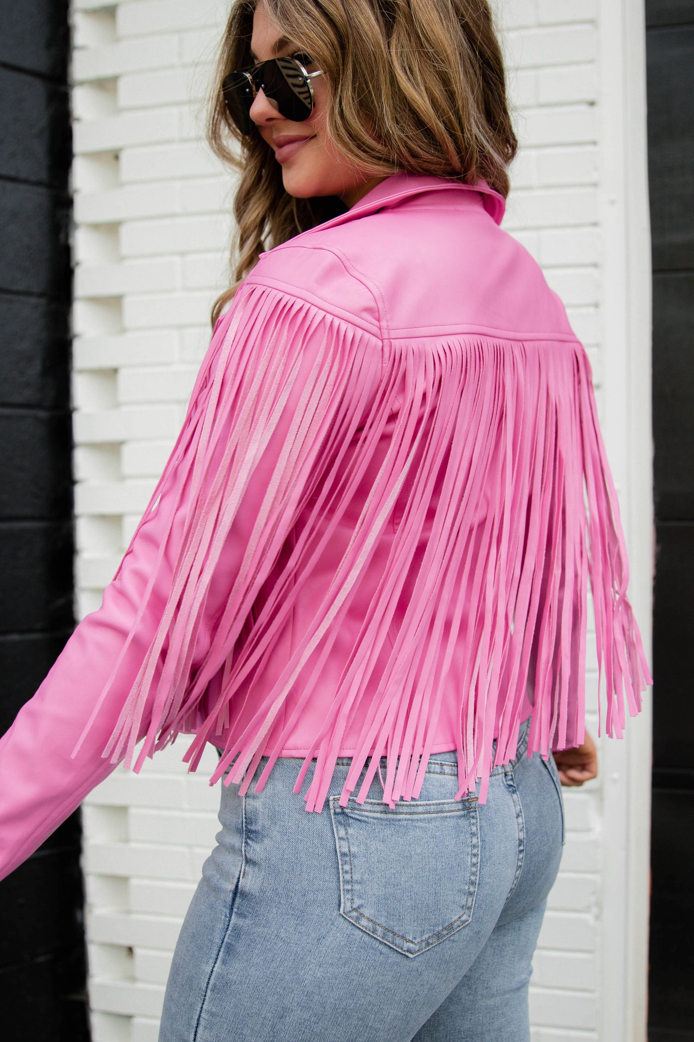 Hot Pink Moto Jacket- Faux Leather Fringe Jacket- Pink Fringe Jacket- Blue B Fringe Jacket