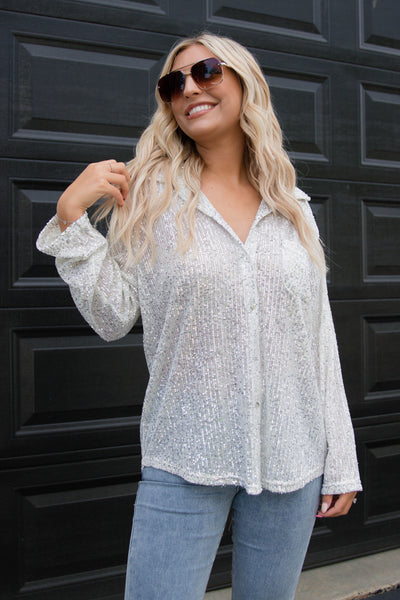 Sequin Silver Button Down- Women's Full Sequin Top- Fun Sequin Shirt- POL Sequin Top