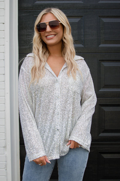 Sequin Silver Button Down- Women's Full Sequin Top- Fun Sequin Shirt- POL Sequin Top