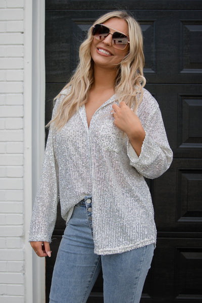 Sequin Silver Button Down- Women's Full Sequin Top- Fun Sequin Shirt- POL Sequin Top