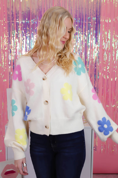 Pastel Flower Print Cardigan- Women's Pastel Cardigan- Women's Preppy Sweaters