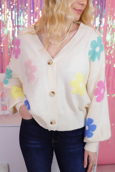 Pastel Flower Print Cardigan- Women's Pastel Cardigan- Women's Preppy Sweaters