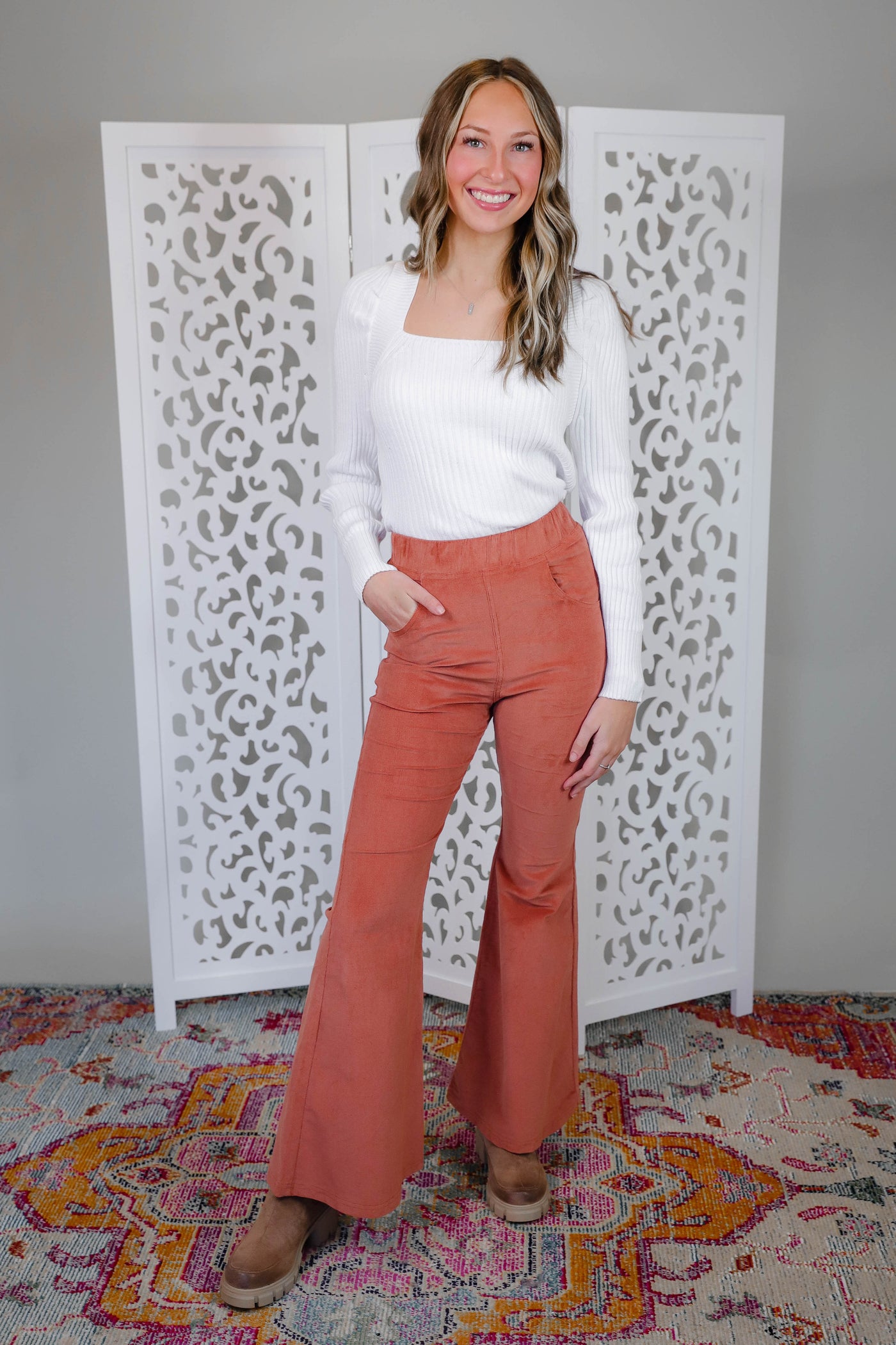 Rust Corduroy Flare Pants- Elastic Flared Pants- 