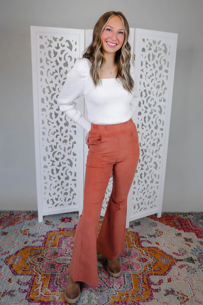 Rust Corduroy Flare Pants- Elastic Flared Pants- 