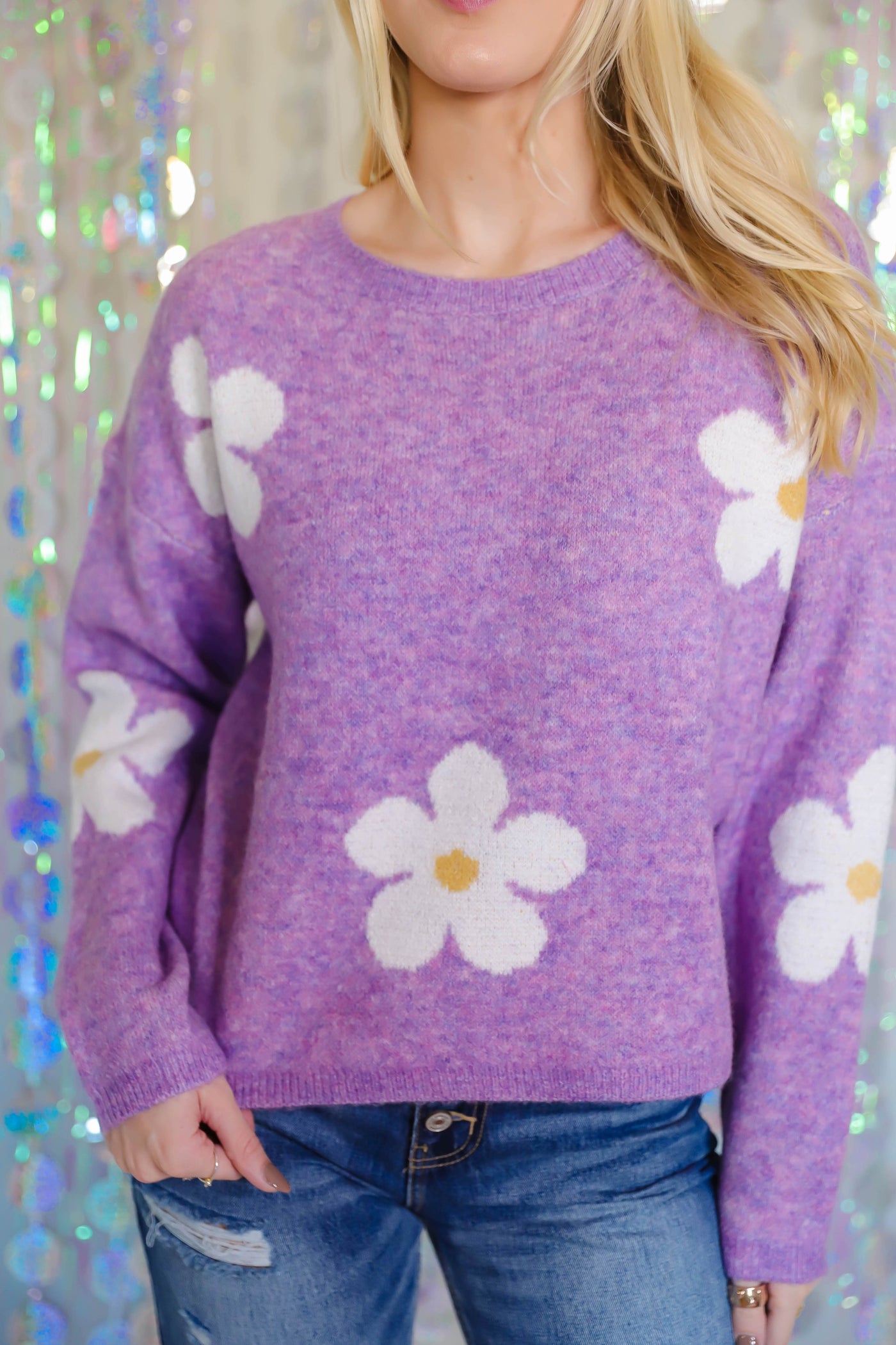 Purple Daisy Sweater- Lavender Floral Sweater- Sweater With Flower Print