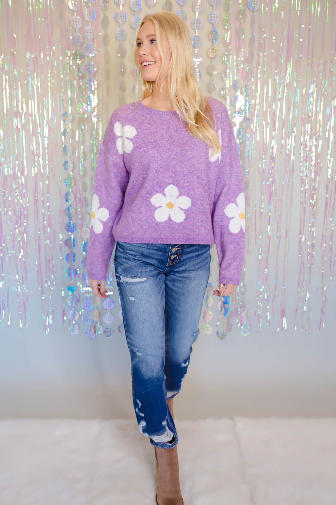 Purple Daisy Sweater- Lavender Floral Sweater- Sweater With Flower Print