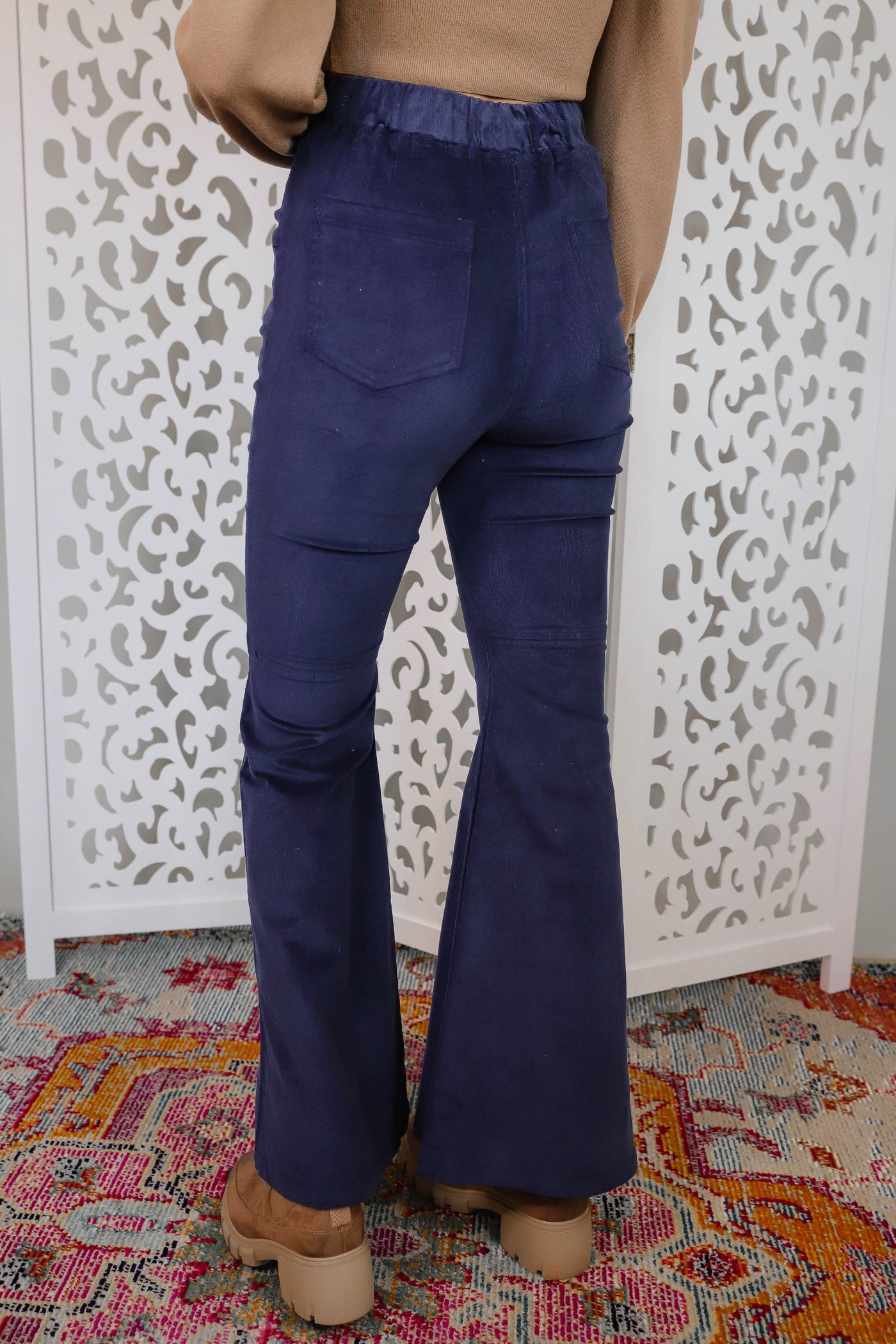 Navy Corduroy Flare Pants- Elastic Flared Pants- 