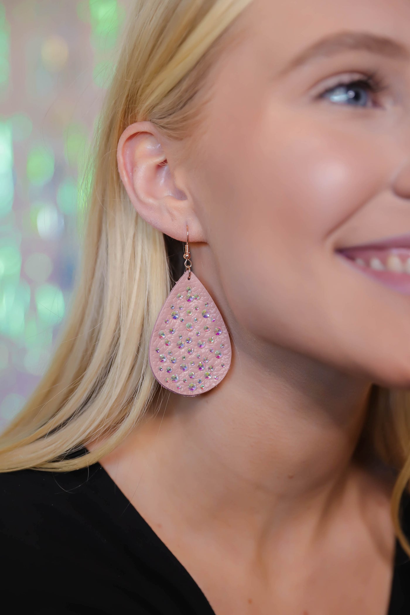 Blush Teardrop Earrings with Rhinestone- Faux Leather Teardrop Earrings with Embellishments 