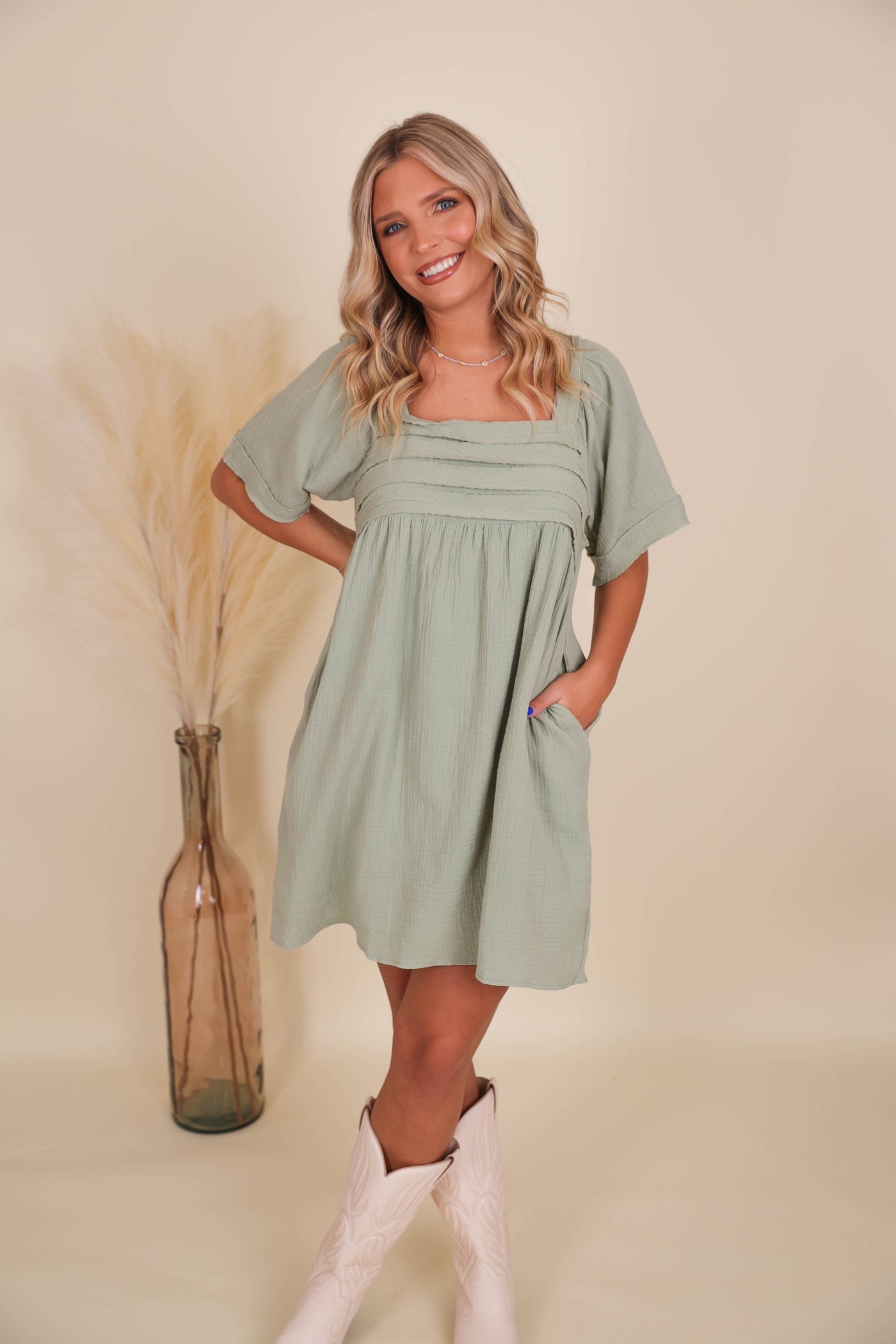 Sage Babydoll Dress- Green Tunic Dress- Women's Flowy Dress- Dresses With Pockets