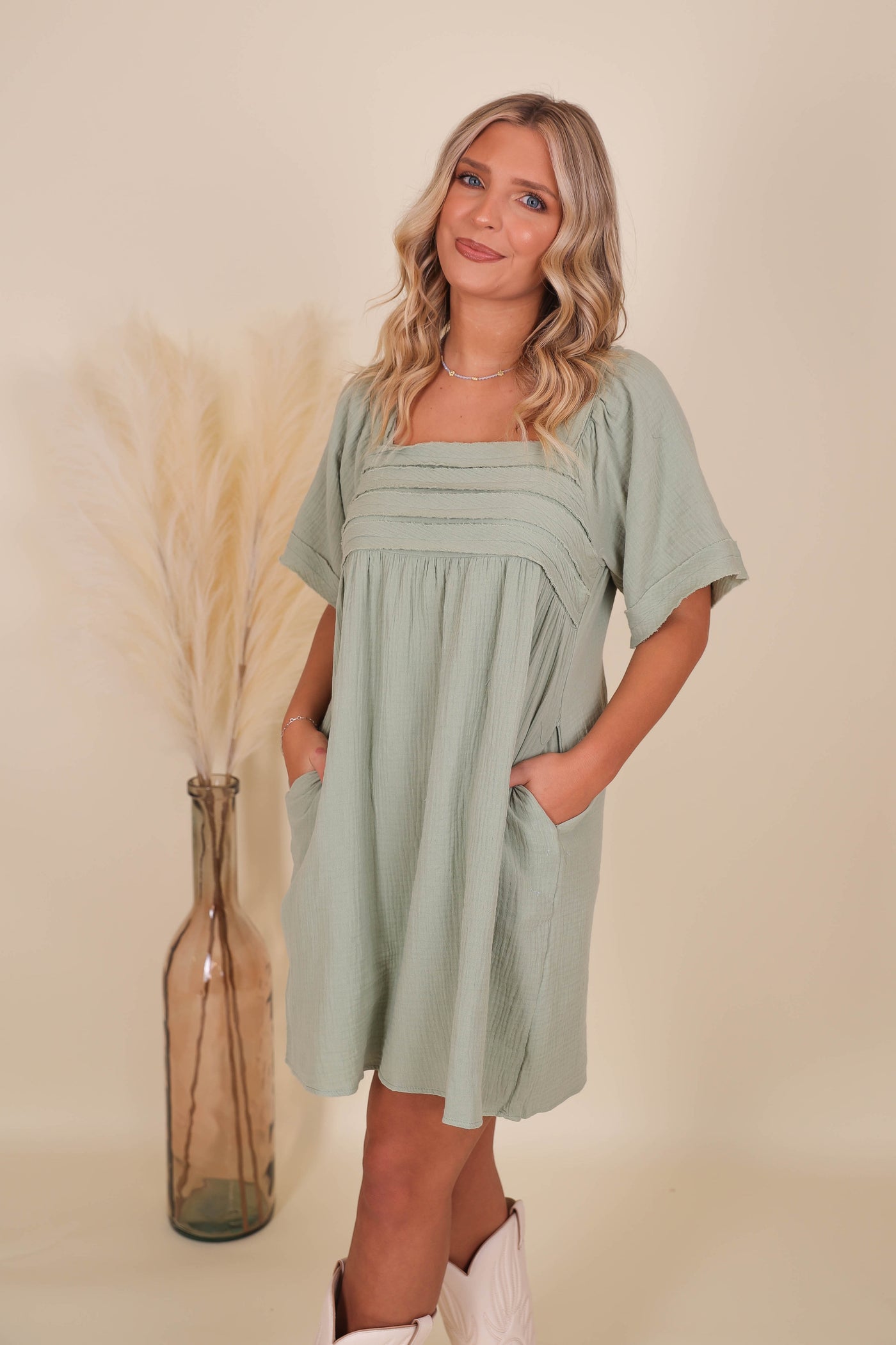 Sage Babydoll Dress- Green Tunic Dress- Women's Flowy Dress- Dresses With Pockets