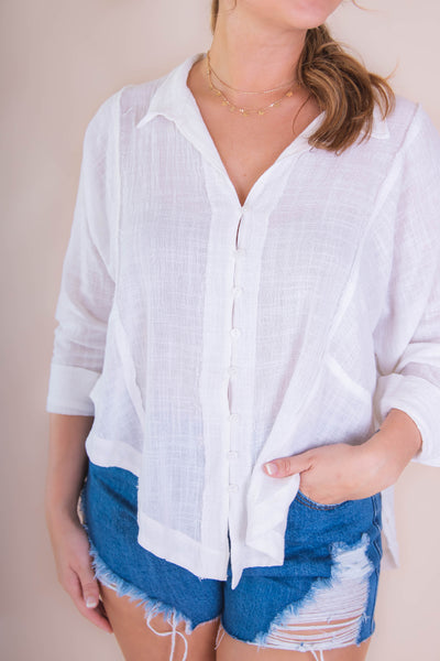 Women's Cotton Button Down- Woven White Cotton Button Down- Women's White Button Down