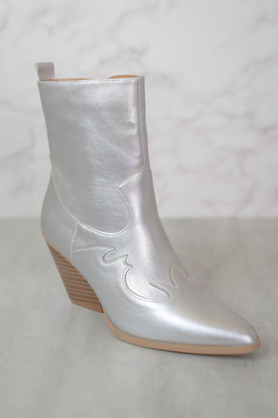 Chic Western Style Boots- Silver Metallic Booties- Mid Calf Booties- Nashville Boots