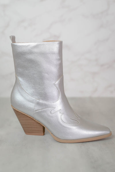 Chic Western Style Boots- Silver Metallic Booties- Mid Calf Booties- Nashville Boots