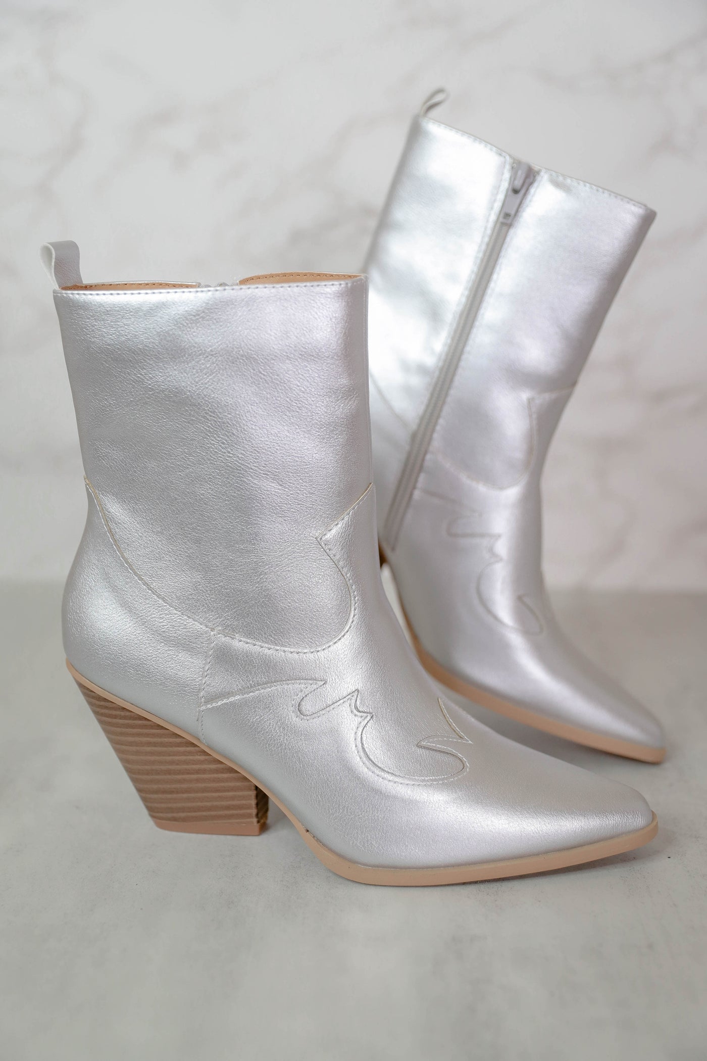 Chic Western Style Boots- Silver Metallic Booties- Mid Calf Booties- Nashville Boots