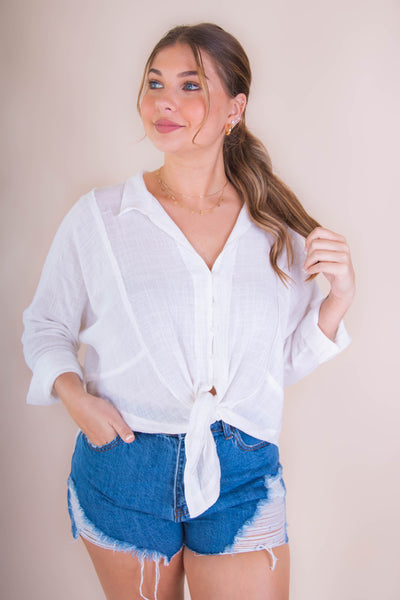 Women's Cotton Button Down- Woven White Cotton Button Down- Women's White Button Down